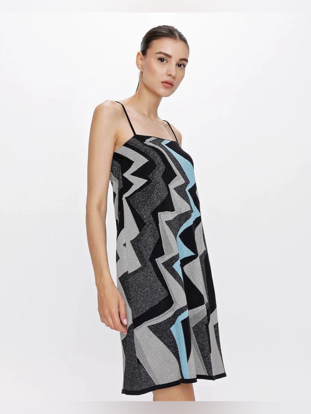 M Missoni Metallic Zigzag Knit Slip Dress | Chevron Stretch Mini | IT 40